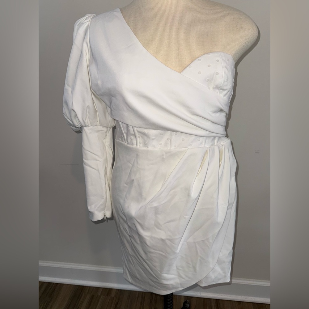 Lavish Alice one-shoulder white dress.
